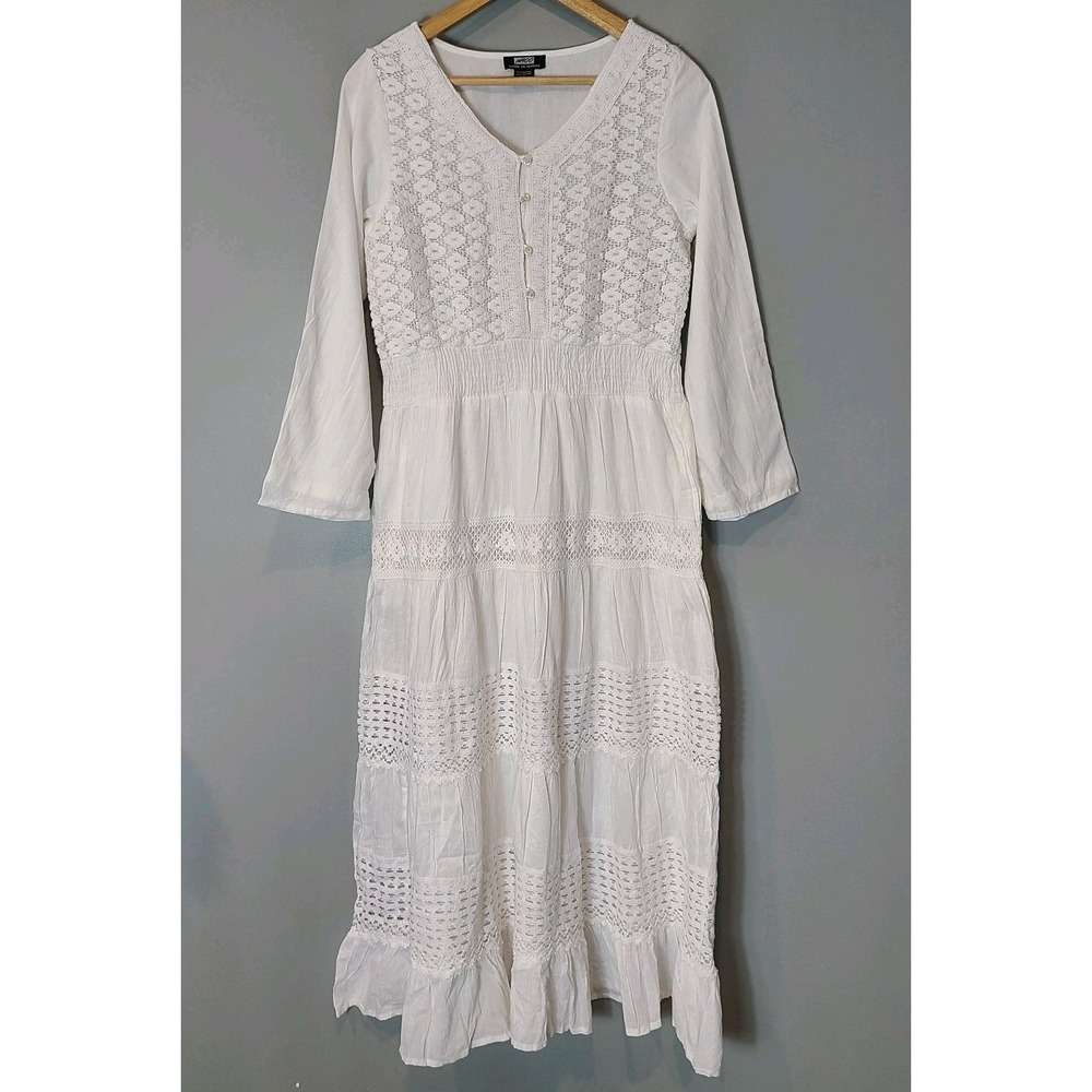 NAOO‎ Cotton White Crochet Lace Tiered Flowy Boho Cottage Maxi Dress Sz M Resort